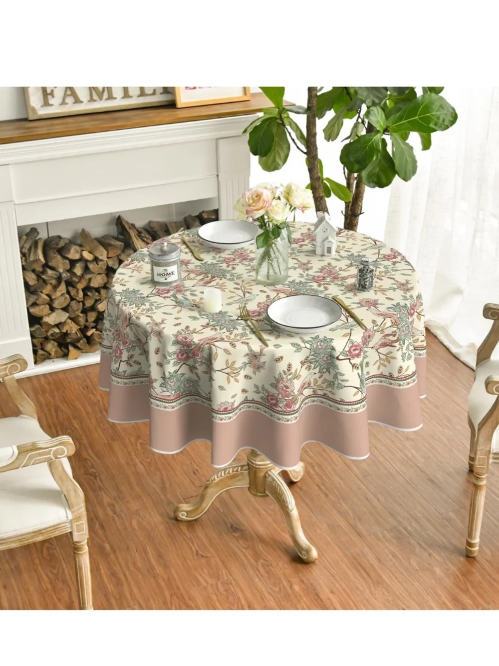 Floral Birds Tablecloth 70” ROUND Washable